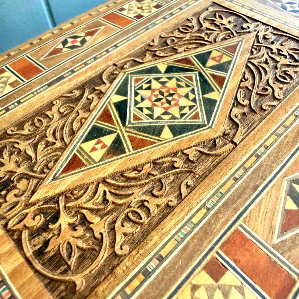 Arabian Mosaic Wooden Jewelry Trinket Box Marquetry Ornament Handmade Inlaid